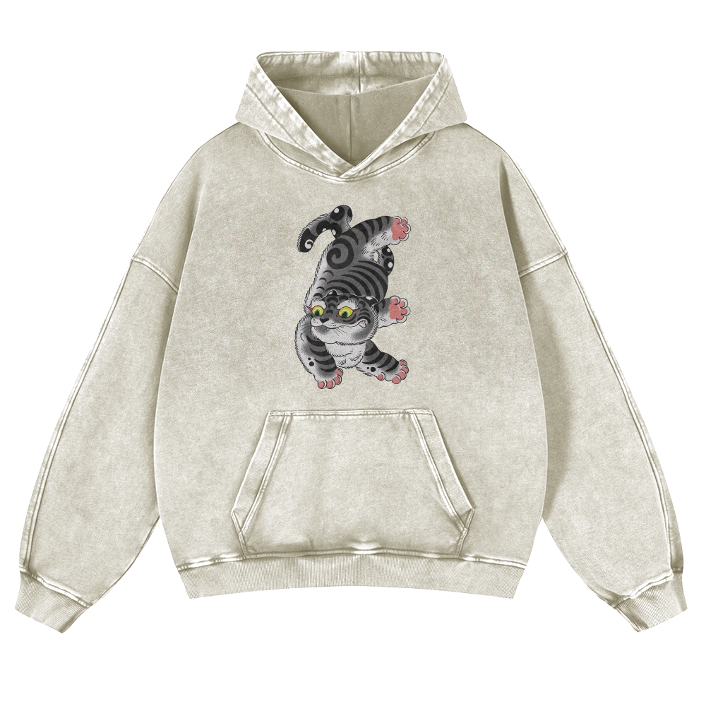 Japanese Cat Printed Vintage Washed Hoodie-moweekender