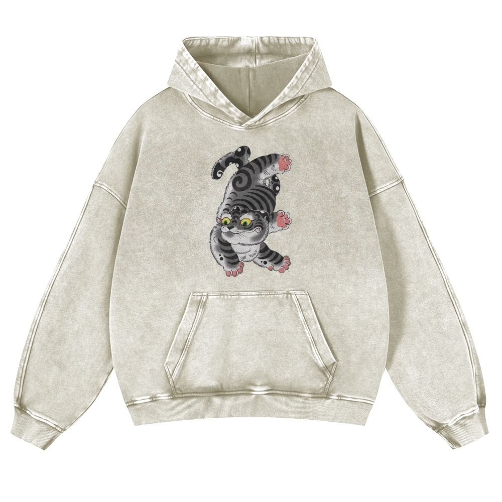 Japanese Cat Printed Vintage Washed Hoodie-moweekender