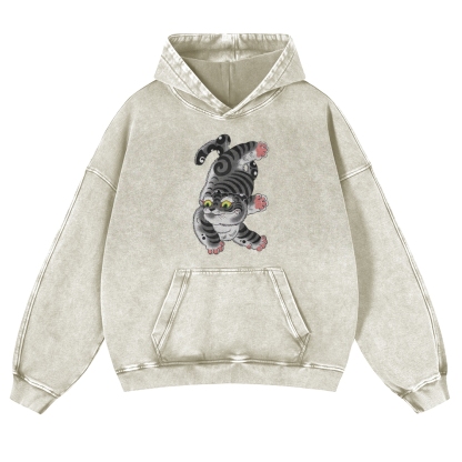 Japanese Cat Printed Vintage Washed Hoodie-moweekender