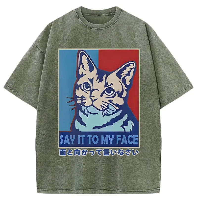 Say It To Cat Face Washed Vintage T-Shirt-moweekender