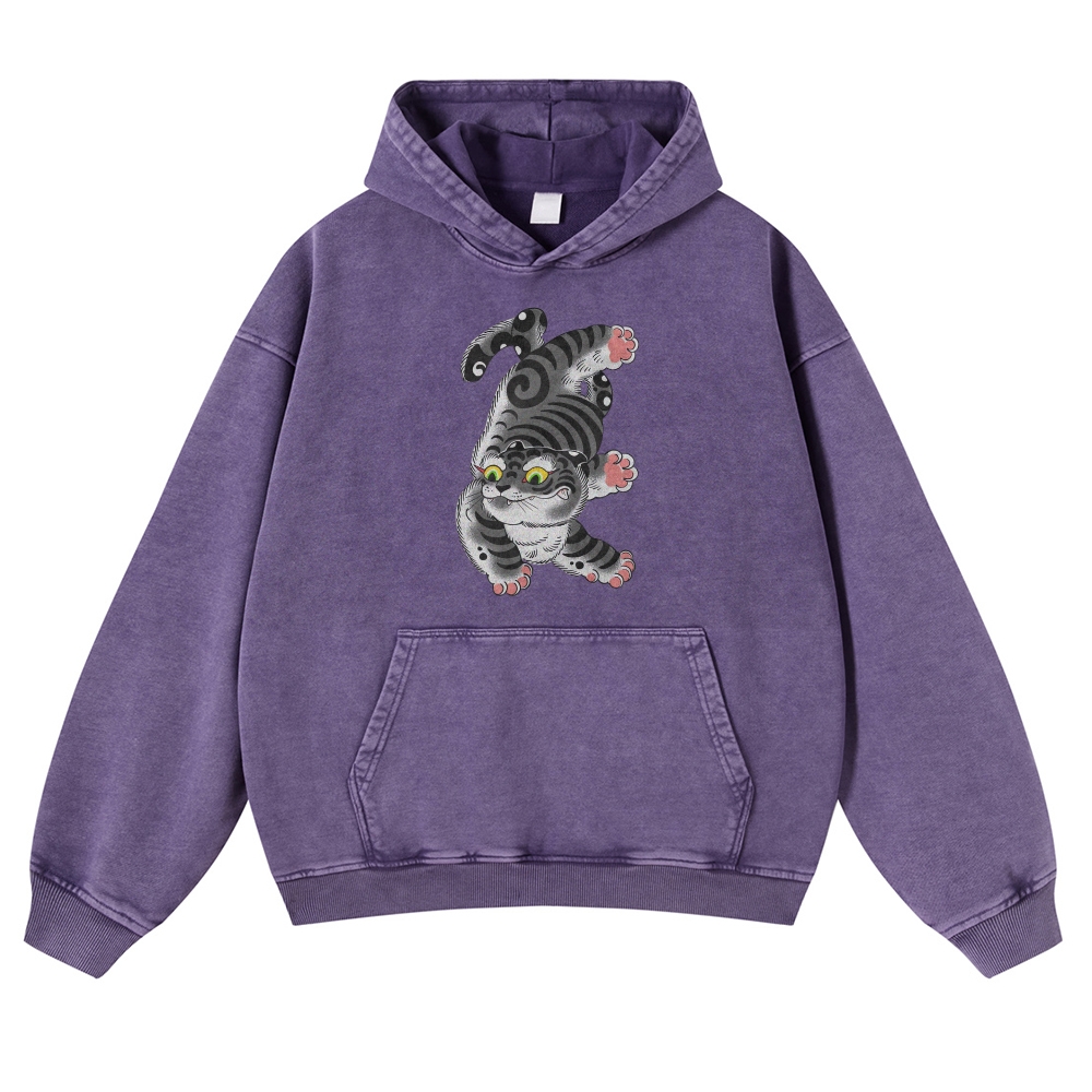 Japanese Cat Printed Vintage Washed Hoodie-moweekender