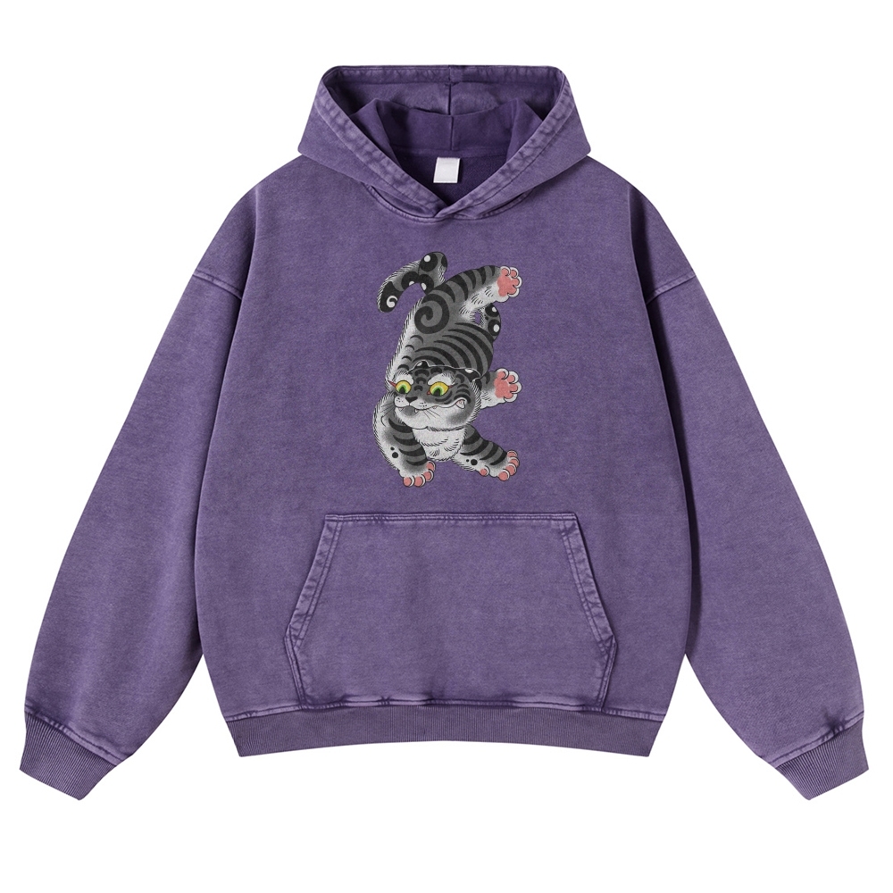 Japanese Cat Printed Vintage Washed Hoodie-moweekender
