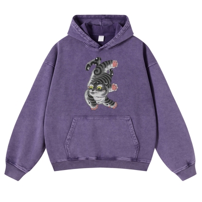 Japanese Cat Printed Vintage Washed Hoodie-moweekender