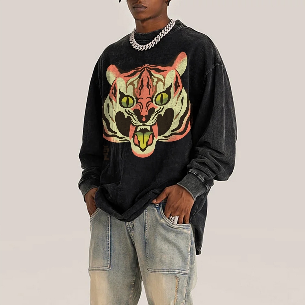 Tiger Roar Deep Washed Vintage Long Sleeves T-Shirt-moweekender