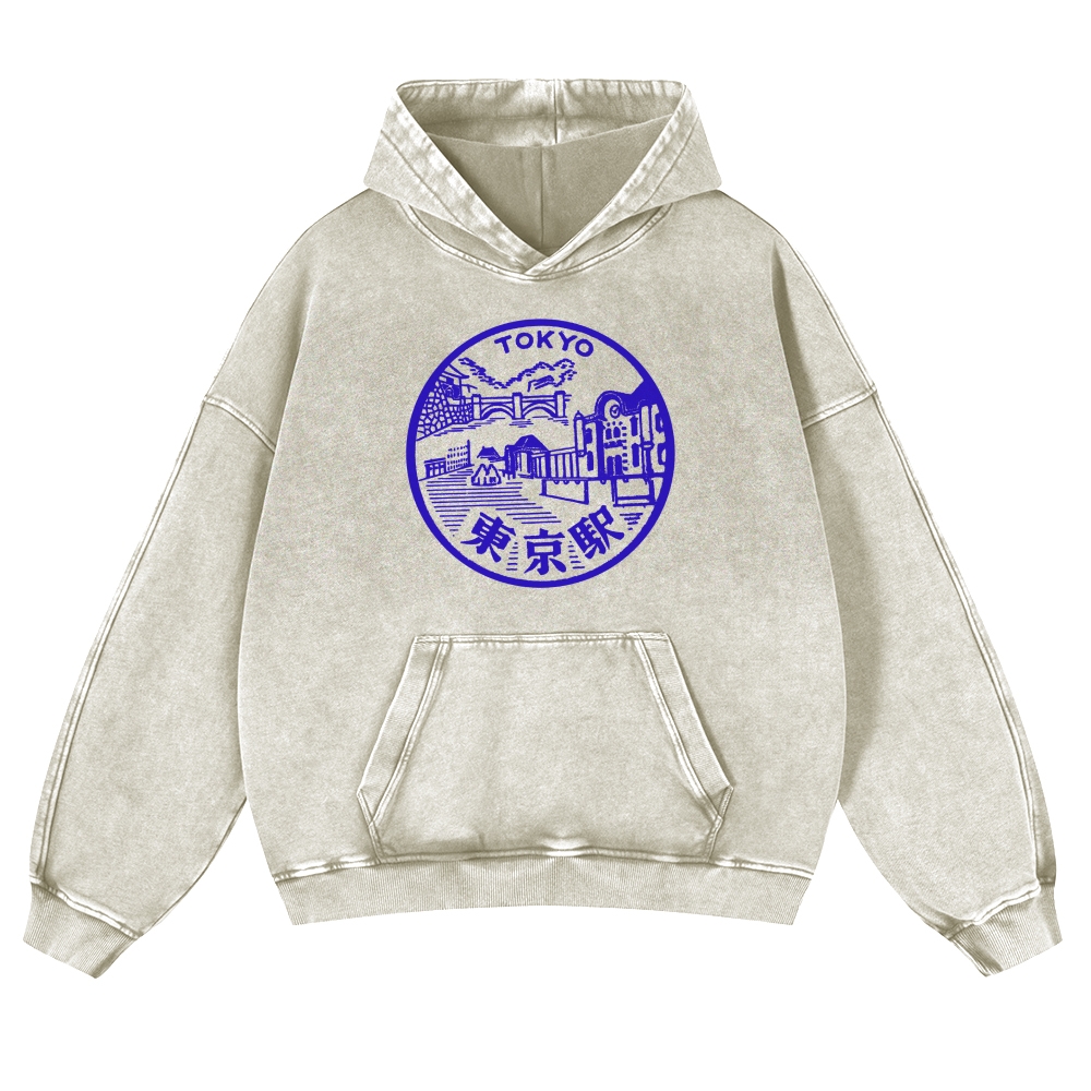 Tokyo Station Sign Vintage Washed Hoodie-moweekender