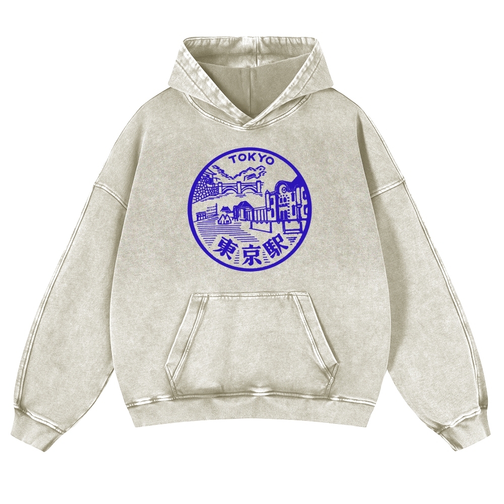 Tokyo Station Sign Vintage Washed Hoodie-moweekender