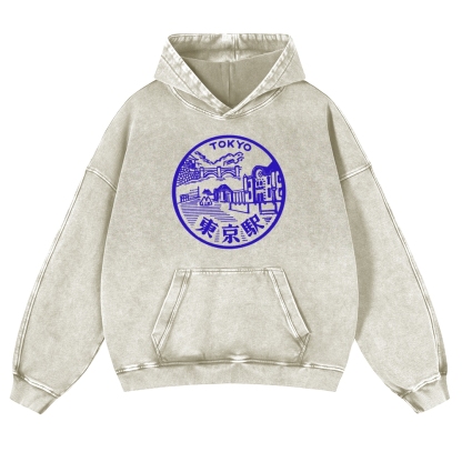 Tokyo Station Sign Vintage Washed Hoodie-moweekender