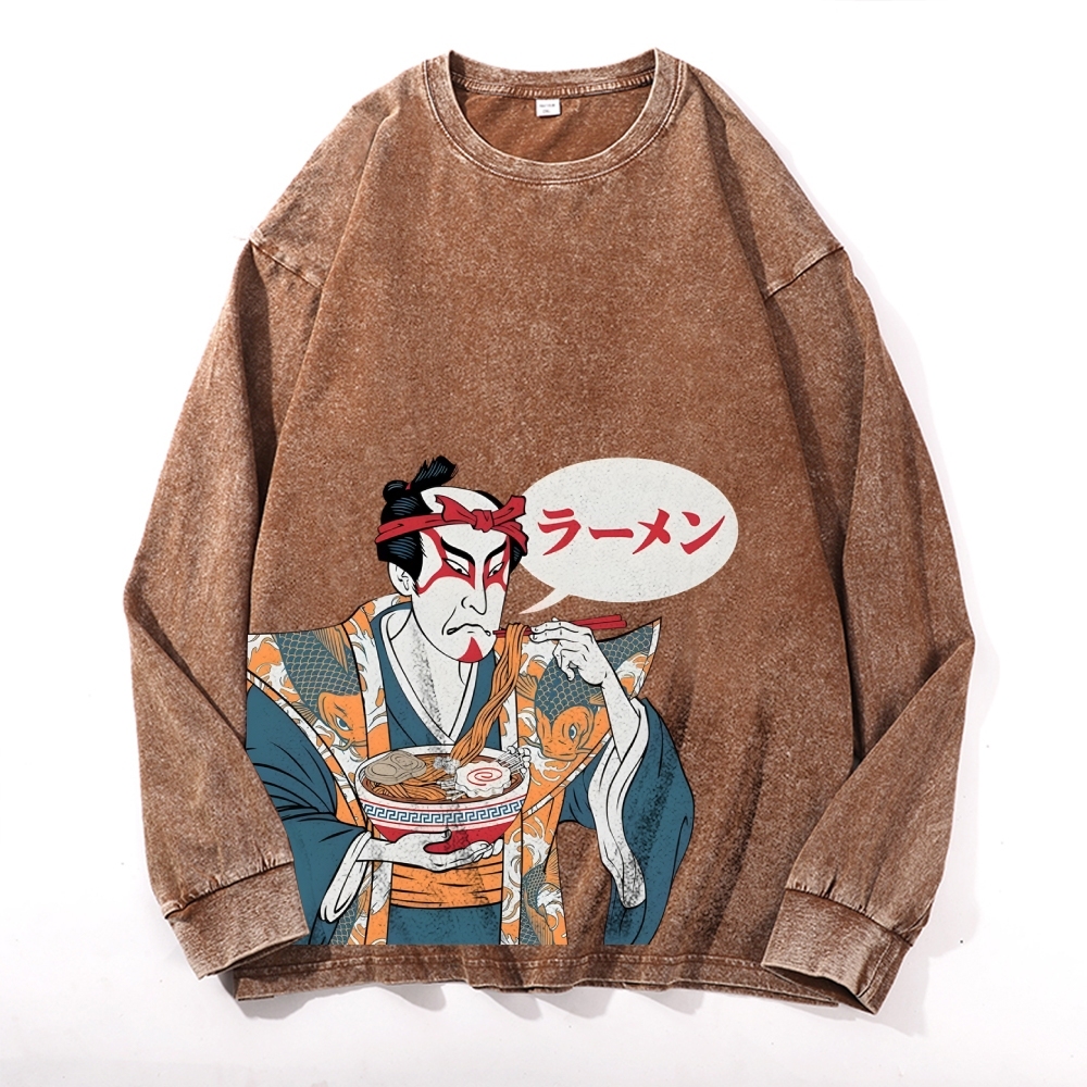 Japanese Warrior Ramen Deep Washed Vintage Long Sleeves T-Shirt-moweekender