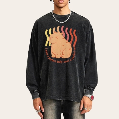 Capybara Casual Deep Washed Vintage Long Sleeves T-Shirt-moweekender