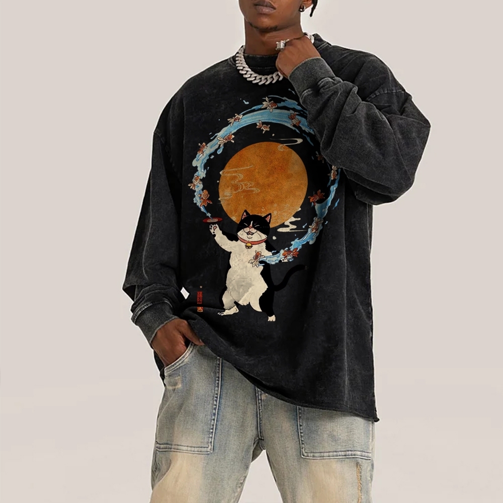 Goldfish Drunk Cat Deep Washed Vintage Long Sleeves T-Shirt-moweekender