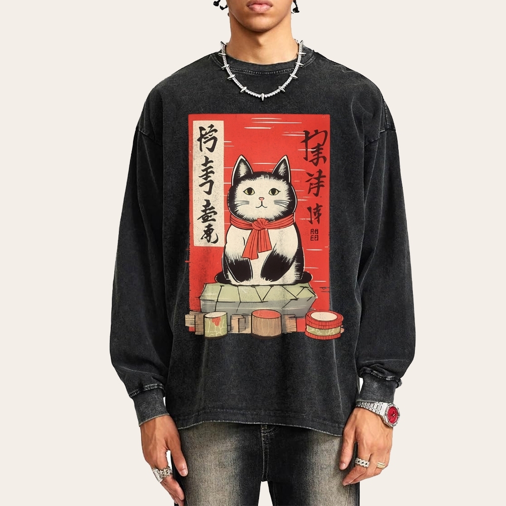Japan Cat Painting Deep Washed Vintage Long Sleeves T-Shirt-moweekender