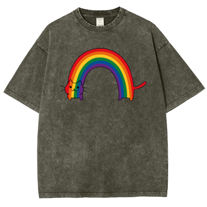 Rainbow Cat Washed Oversized T-Shirt-moweekender