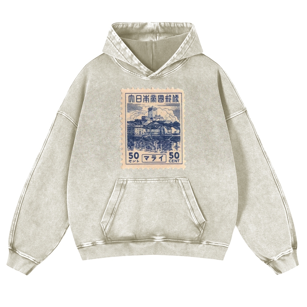 Japan Old Stamp Pattern Vintage Washed Hoodie-moweekender