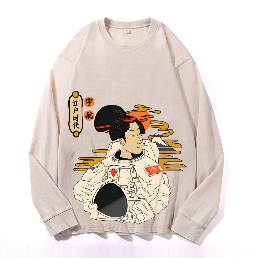Japanese Spaceman Ukiyoe Deep Washed Vintage Long Sleeves T-Shirt-moweekender