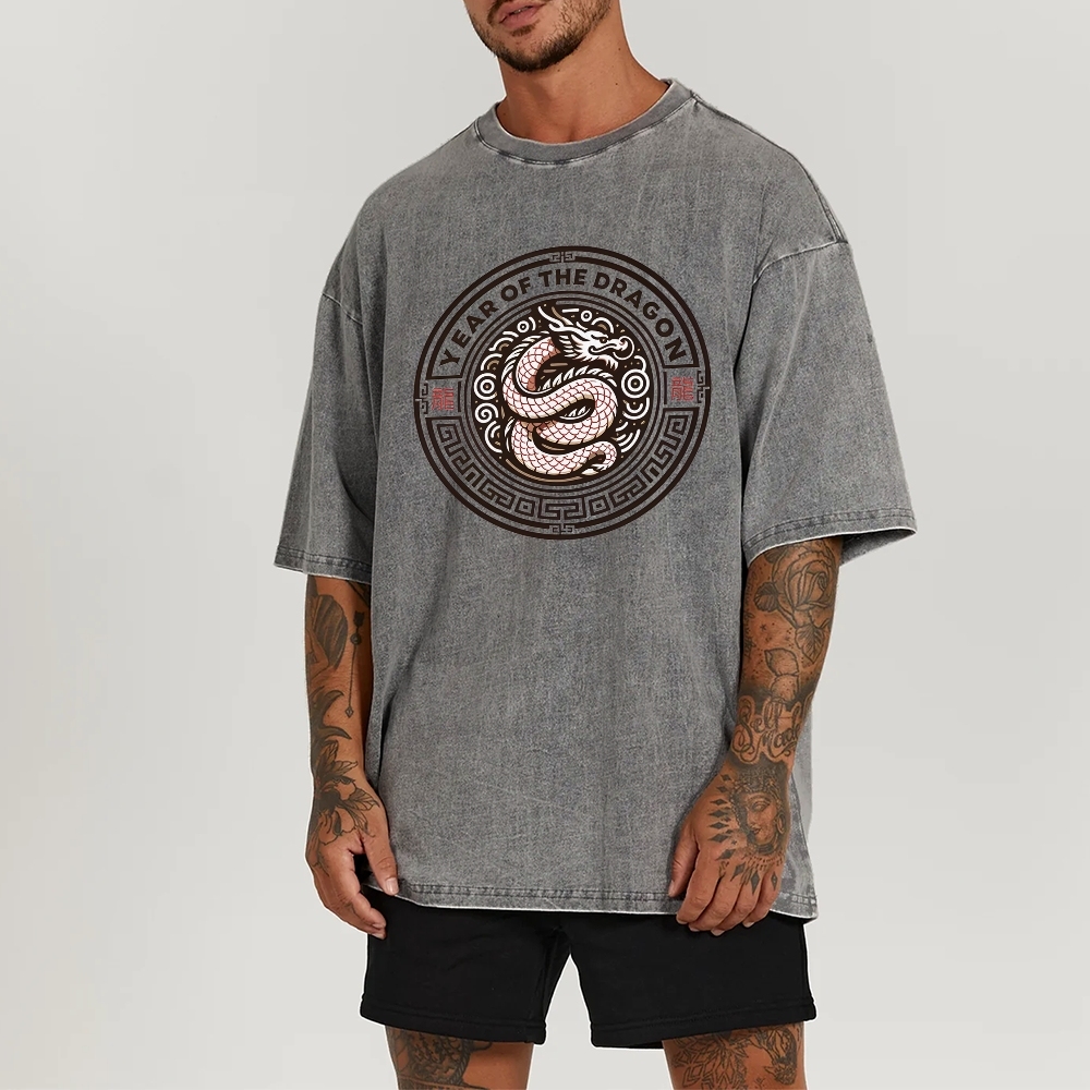 Traditional Dragon Pattern Washed Vintage Short Sleeves T-Shirt-moweekender