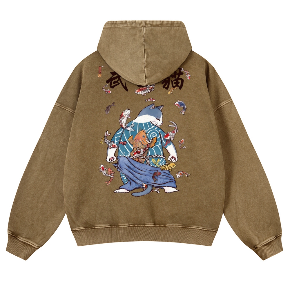 Fish Rain Tattooed Cat Vintage Washed Hoodie-moweekender
