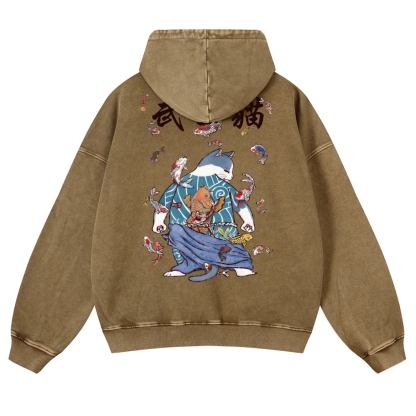 Fish Rain Tattooed Cat Vintage Washed Hoodie-moweekender