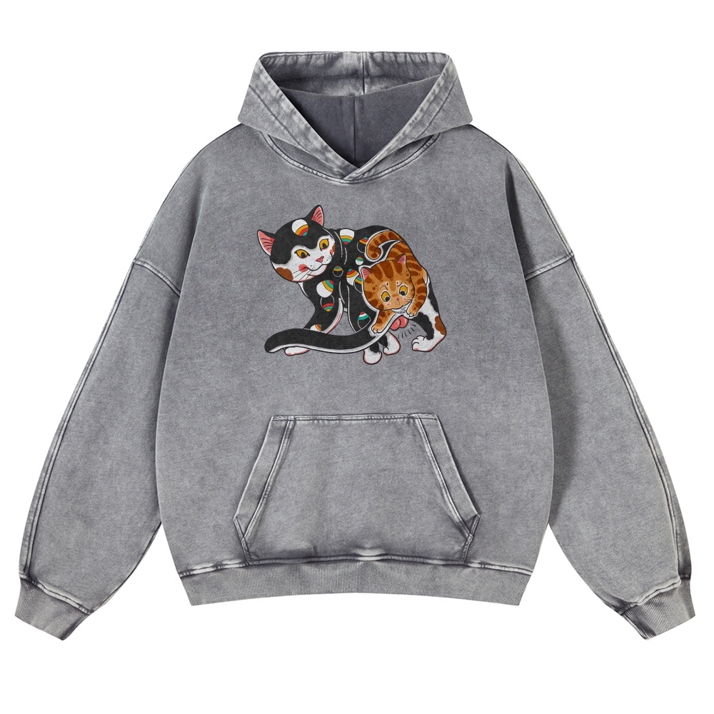 Curious Cat Pattern Printed Vintage Washed Hoodie-moweekender