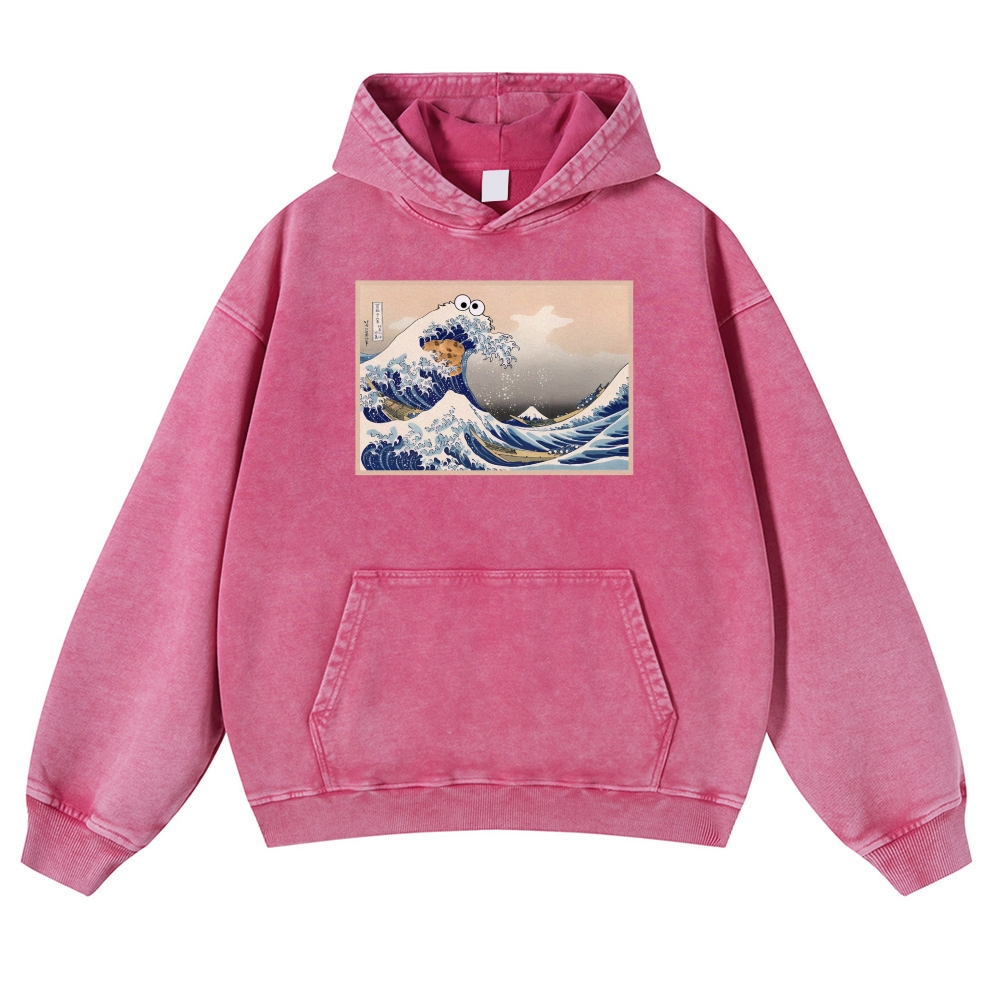 Cookie Wave Ukiyoe Printing Vintage Washed Hoodie-moweekender