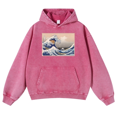 Cookie Wave Ukiyoe Printing Vintage Washed Hoodie-moweekender