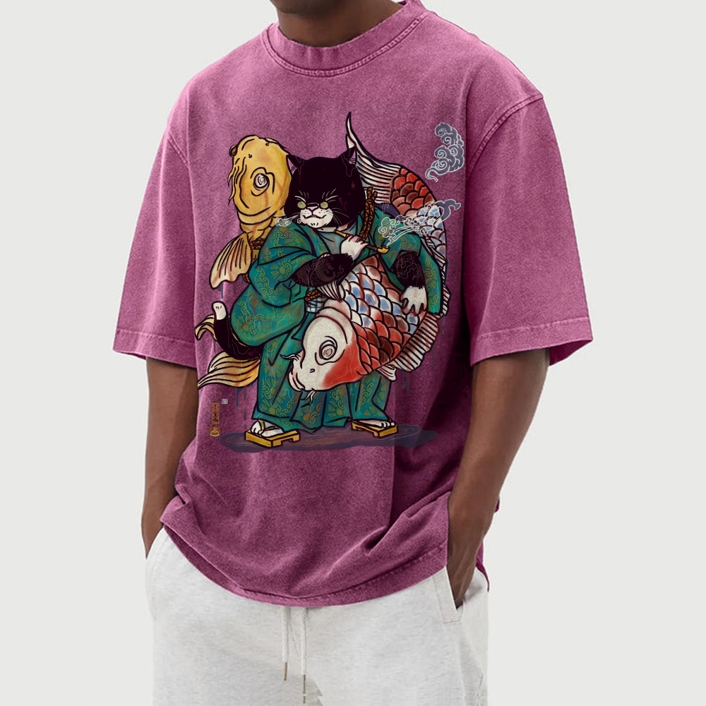 Big Fish Cat Ukiyoe Washed Vintage Short Sleeves T-Shirt-moweekender