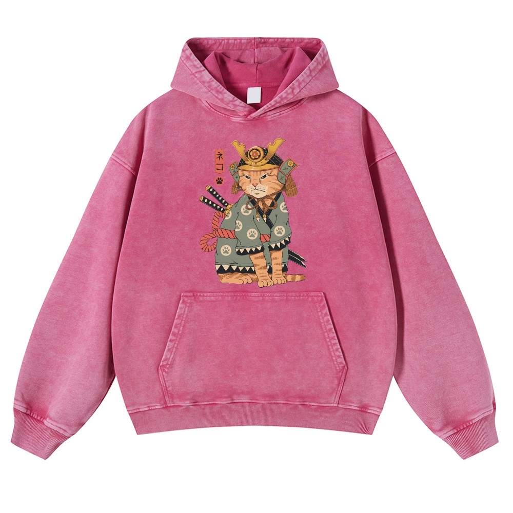 Japanese Warrior Cat Ukiyoe Vintage Washed Hoodie-moweekender