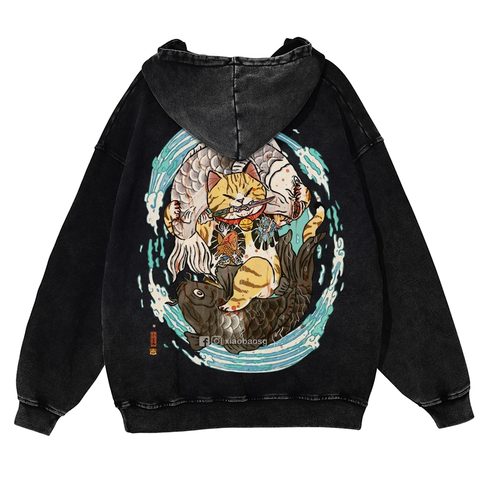 Japan Samurai Cat Vintage Washed Hoodie-moweekender