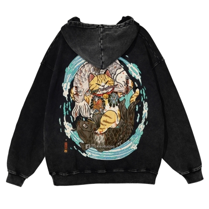 Japan Samurai Cat Vintage Washed Hoodie-moweekender