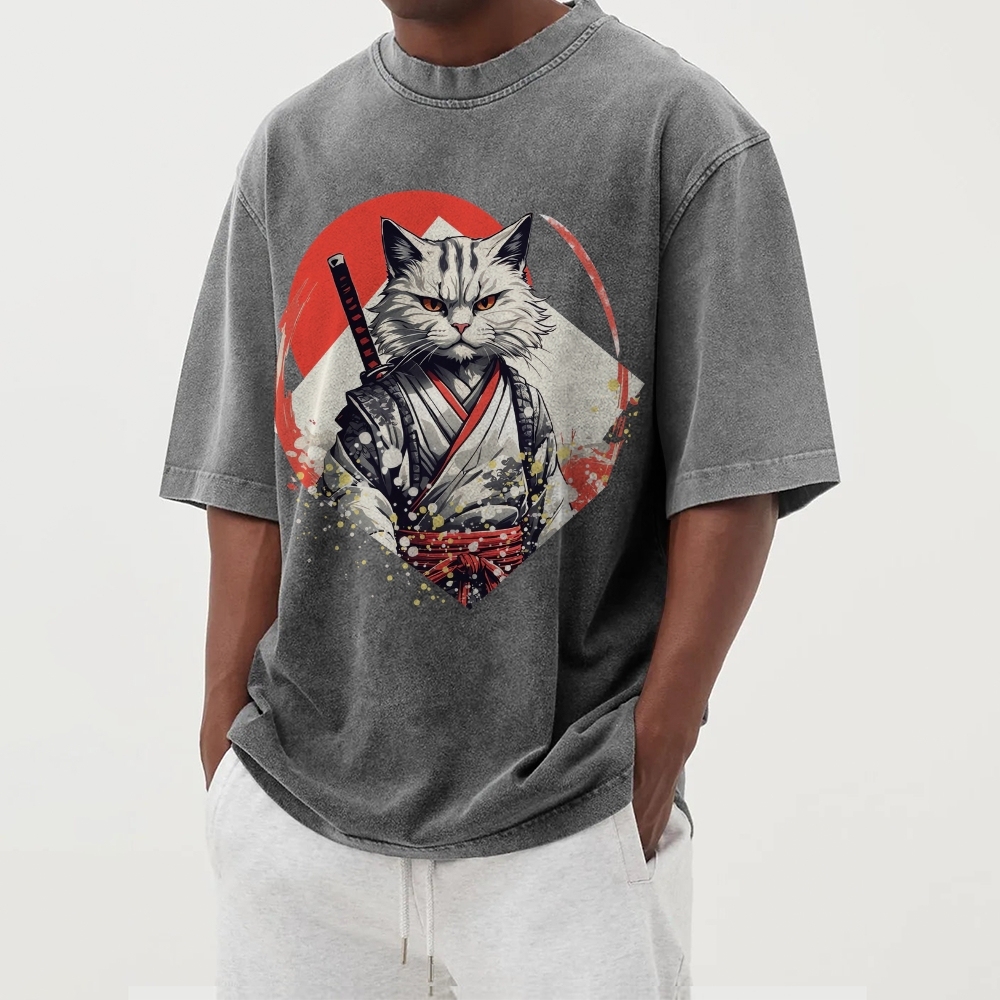Japanese Warrior Cat Printed Washed Vintage Short Sleeves T-Shirt-moweekender