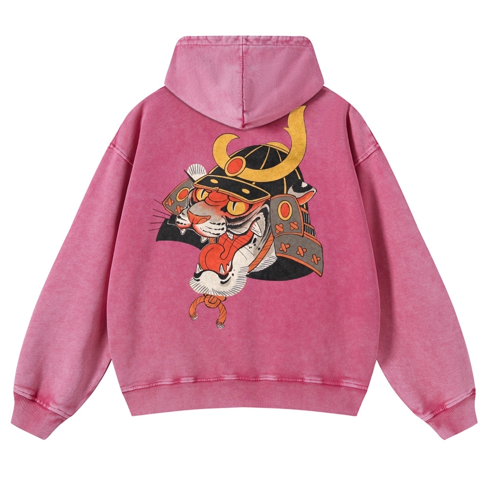 Tiger Warrior Pattern Printed Vintage Washed Hoodie-moweekender