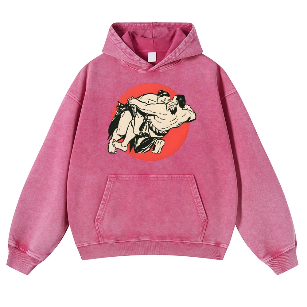 Japanese Sumo Wrestlers Pattern Vintage Washed Hoodie-moweekender