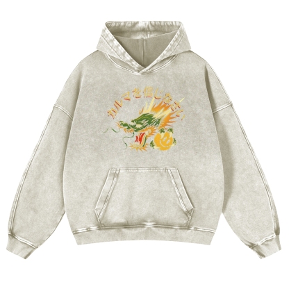 Japanese Dragon Pearl Pattern Vintage Washed Hoodie-moweekender