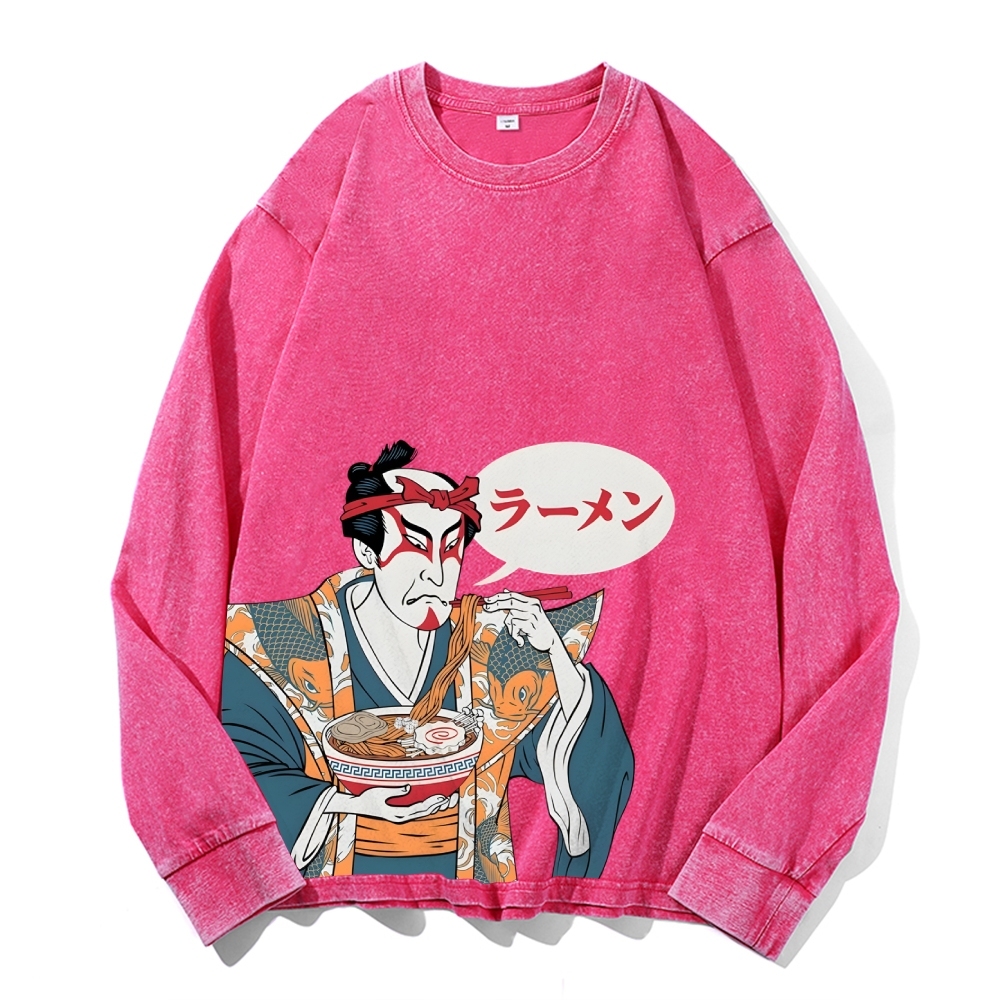 Japanese Warrior Ramen Deep Washed Vintage Long Sleeves T-Shirt-moweekender