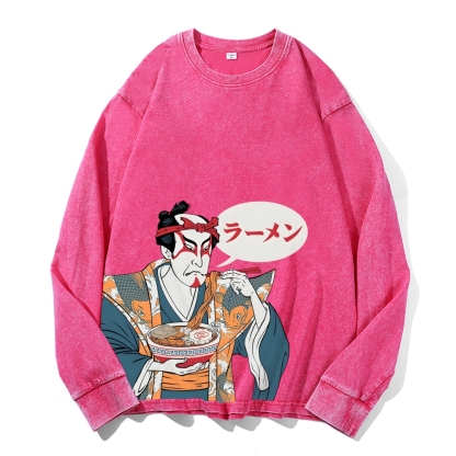 Japanese Warrior Ramen Deep Washed Vintage Long Sleeves T-Shirt-moweekender
