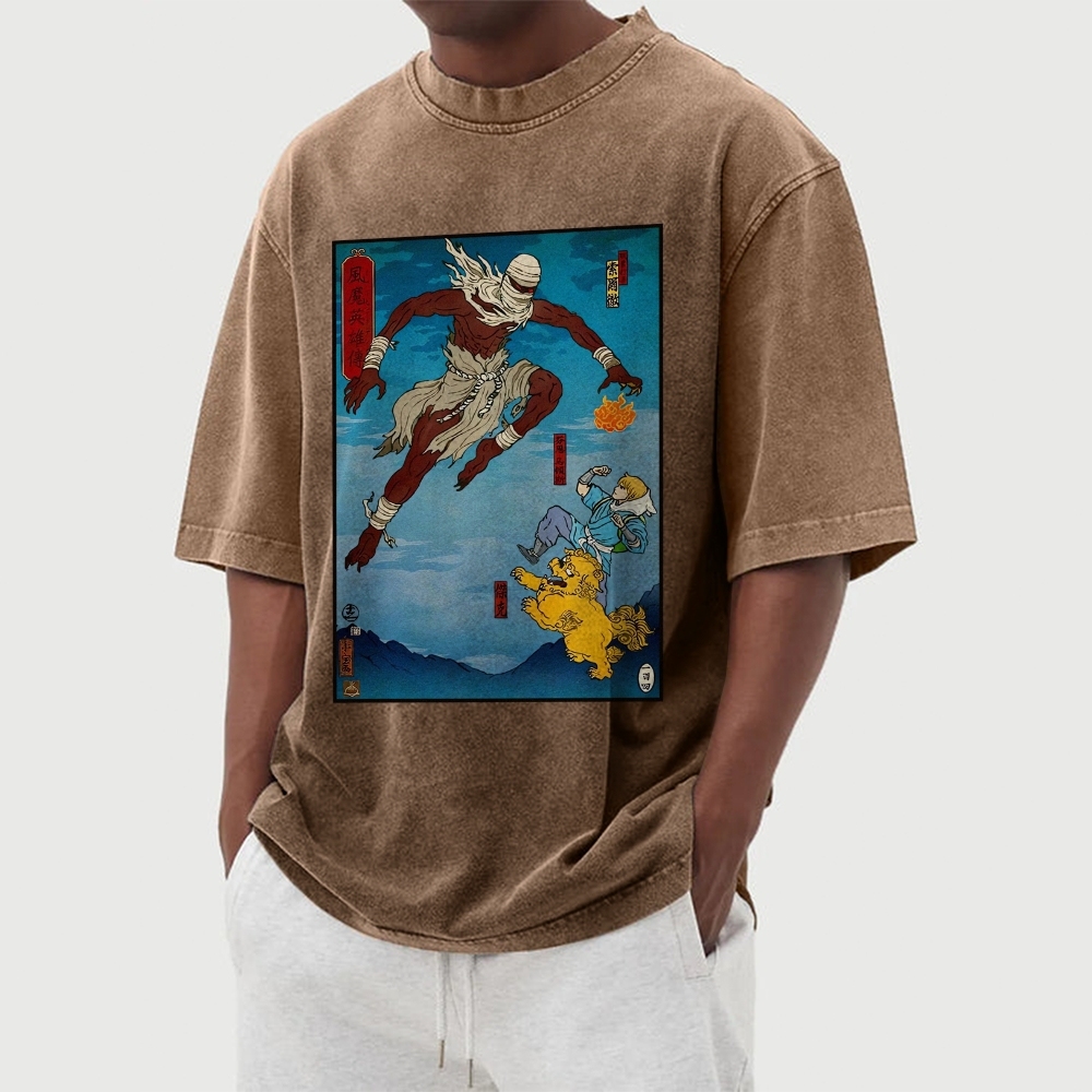 Hero Story Pattern Washed Vintage Short Sleeves T-Shirt-moweekender