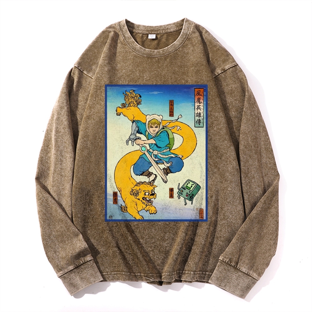 Hero Story Pattern Deep Washed Vintage Long Sleeves T-Shirt-moweekender