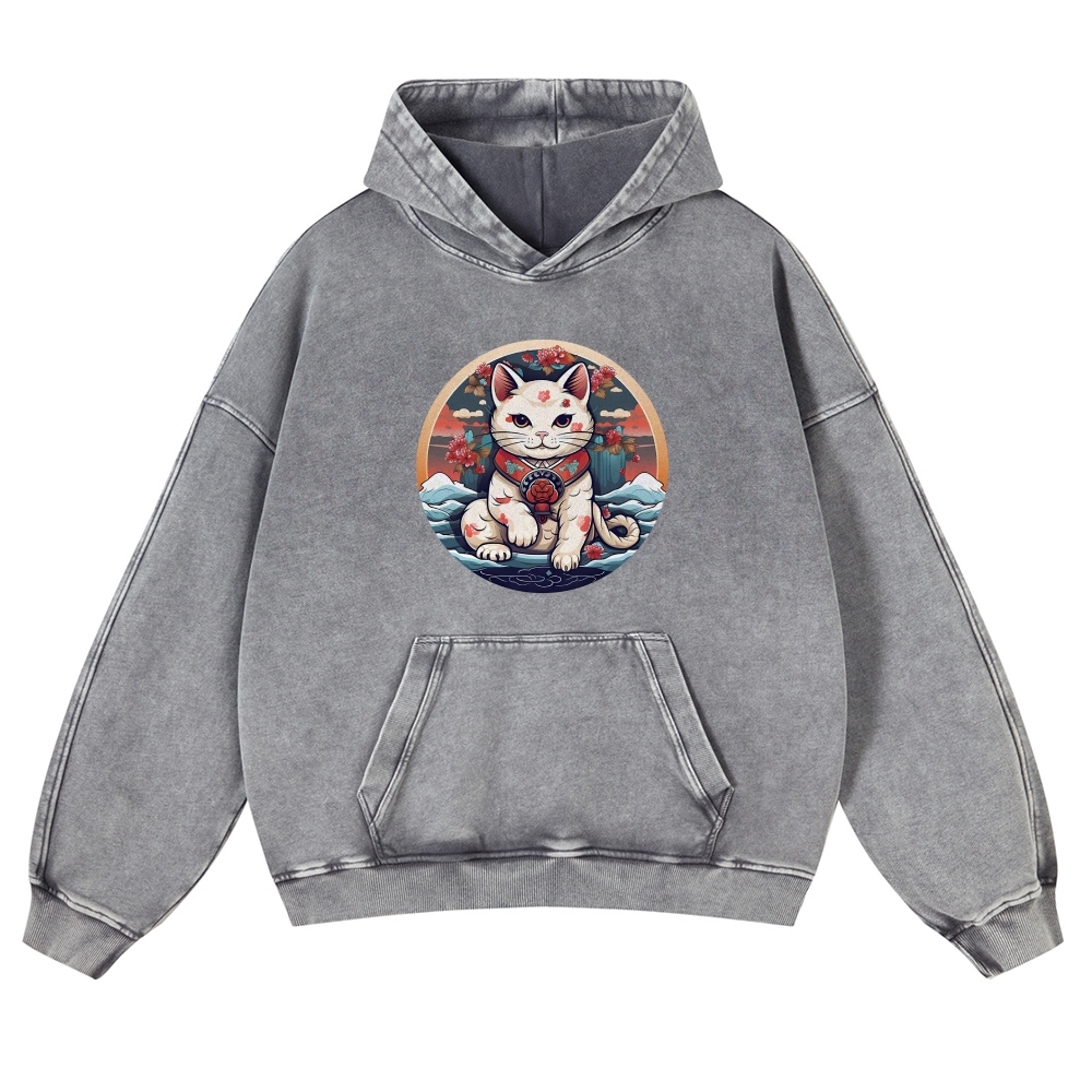 Japanese Cat Painting Printed Vintage Washed Hoodie-moweekender