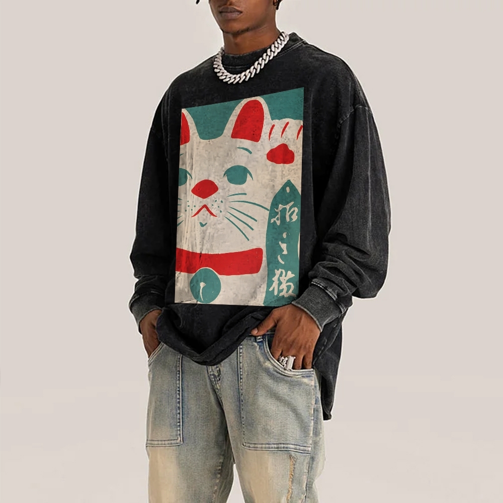 Japanese Maneki-neko Deep Washed Vintage Long Sleeves T-Shirt-moweekender