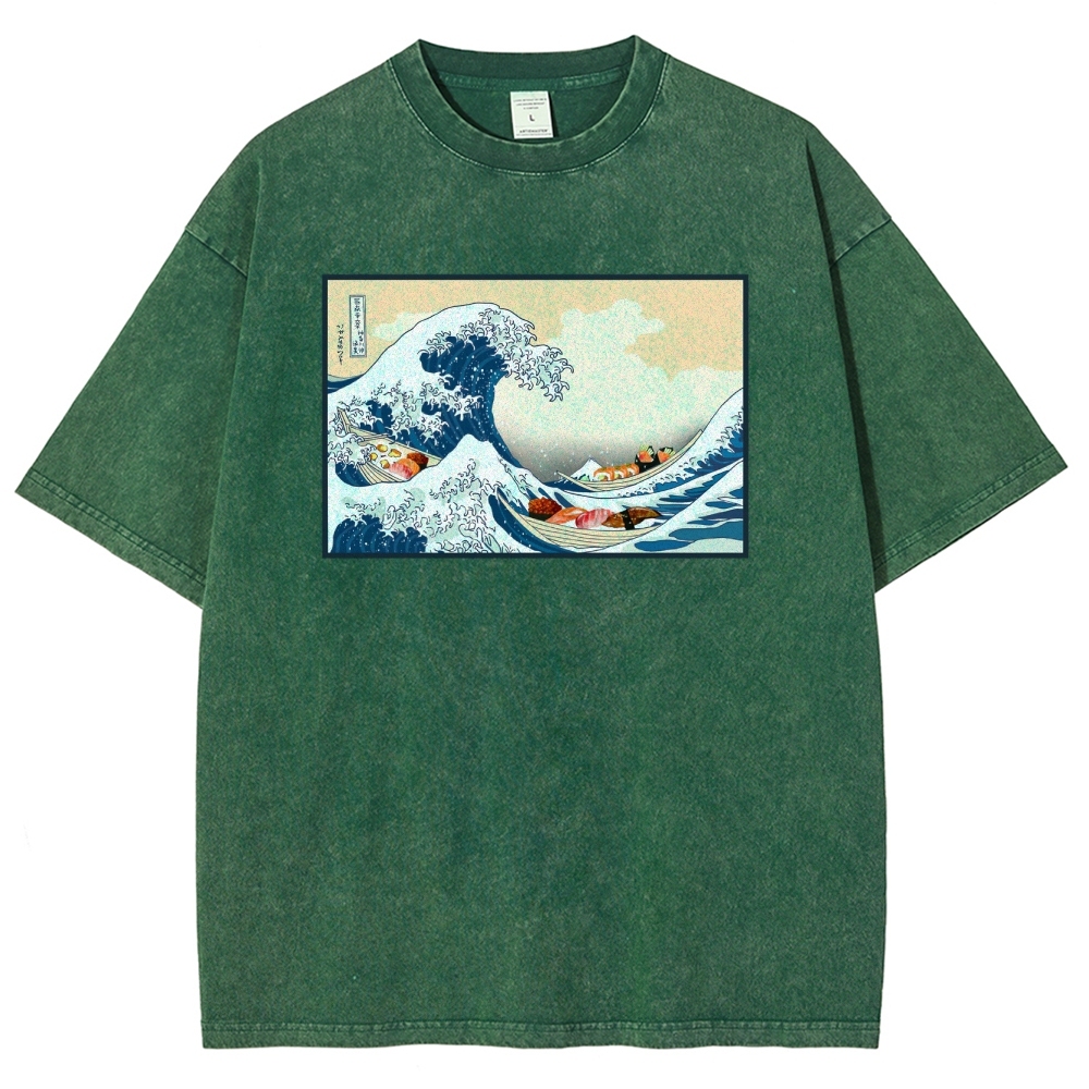 Sushi Ship Wave Ukiyoe Washed Vintage Short Sleeves T-Shirt-moweekender
