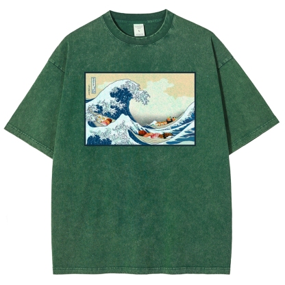 Sushi Ship Wave Ukiyoe Washed Vintage Short Sleeves T-Shirt-moweekender