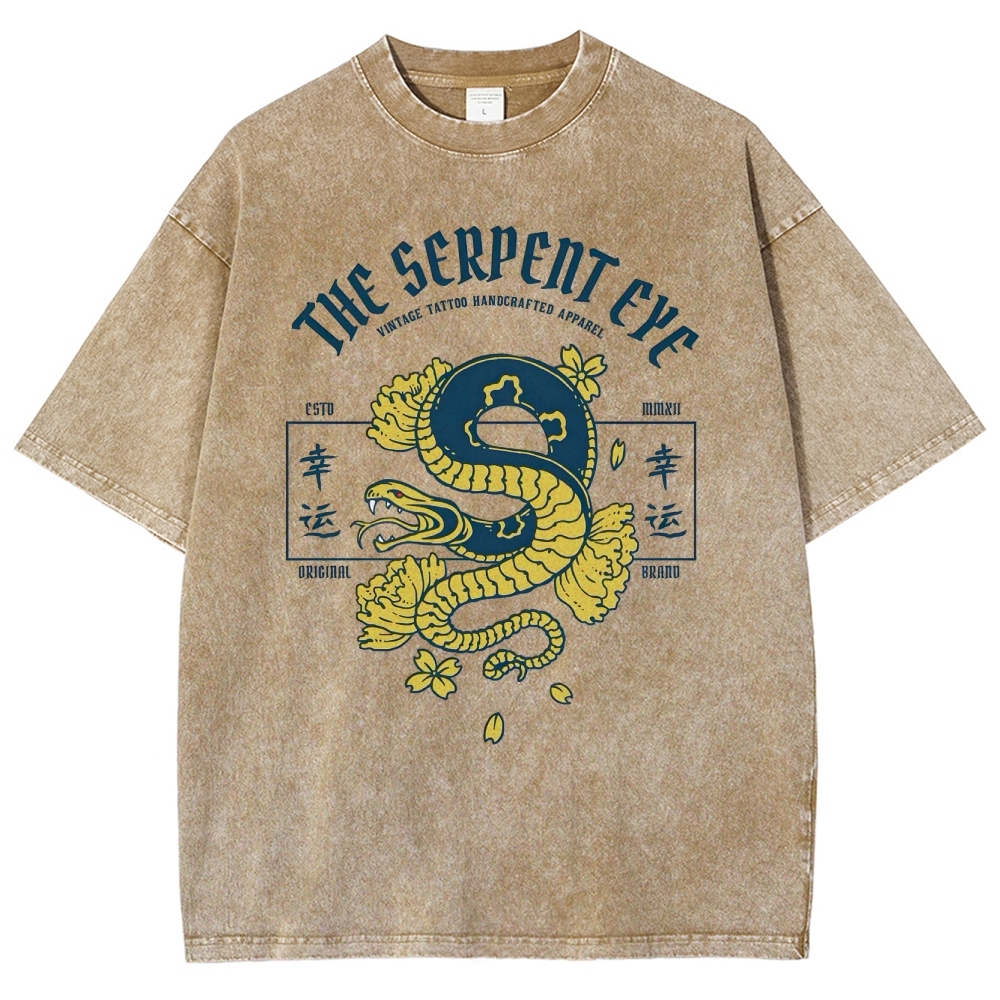 Japan Lucky Snake Sign Washed Vintage Short Sleeves T-Shirt-moweekender
