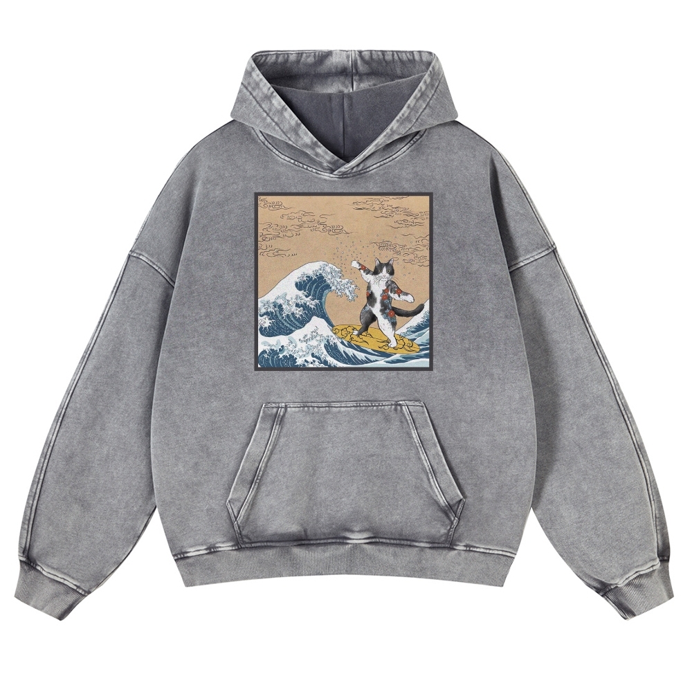 Surf-Bored Cat Ukiyoe Pattern Vintage Washed Hoodie-moweekender