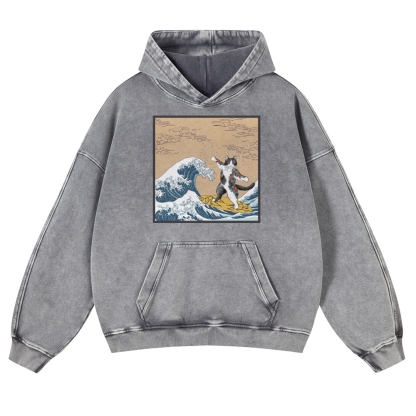 Surf-Bored Cat Ukiyoe Pattern Vintage Washed Hoodie-moweekender