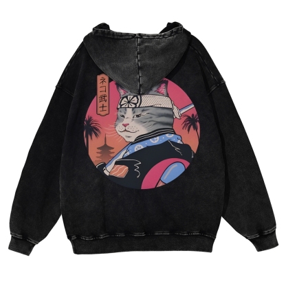 Japanese Cat Warrior Casual Vintage Washed Hoodie-moweekender