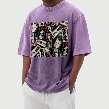 Japan Card Pattern Washed Vintage Short Sleeves T-Shirt-moweekender