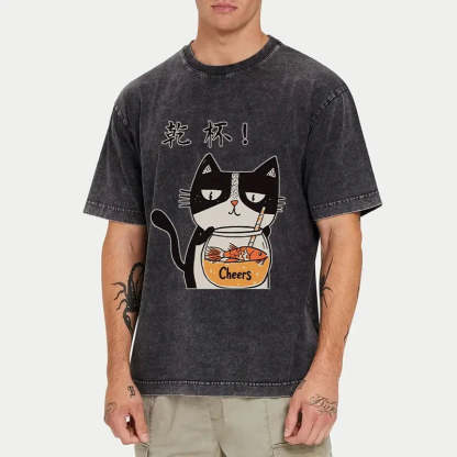 Cat Cheers Washed Vintage T-Shirt-moweekender
