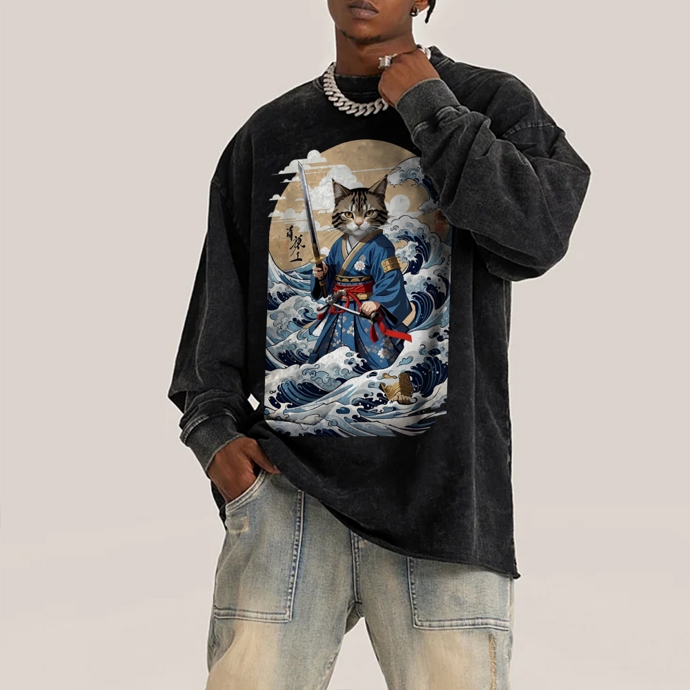 Wave Cat Ukiyoe Deep Washed Vintage Long Sleeves T-Shirt-moweekender