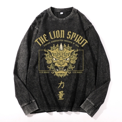 Lion Power Pattern Deep Washed Vintage Long Sleeves T-Shirt-moweekender