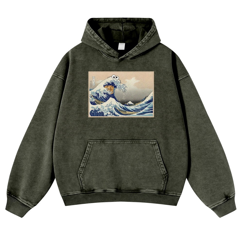 Cookie Wave Ukiyoe Printing Vintage Washed Hoodie-moweekender