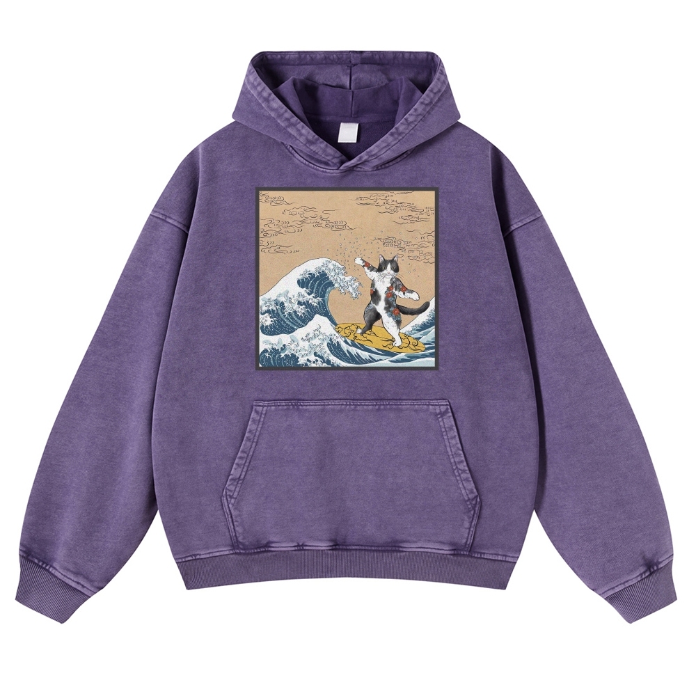 Surf-Bored Cat Ukiyoe Pattern Vintage Washed Hoodie-moweekender